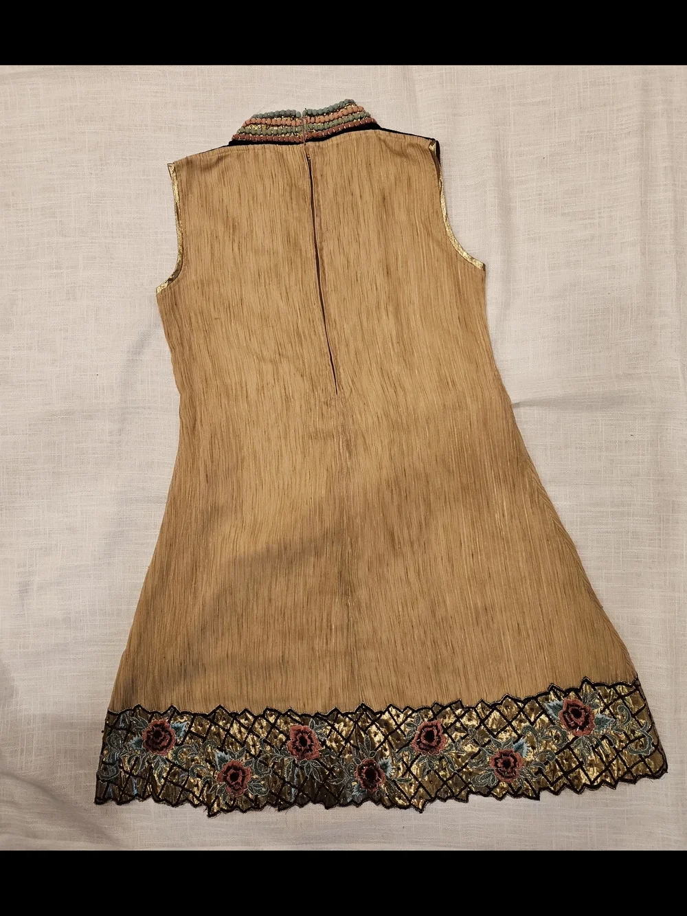 Embroidered Gold-Tan Girls' A-Line Dress with Floral Hem